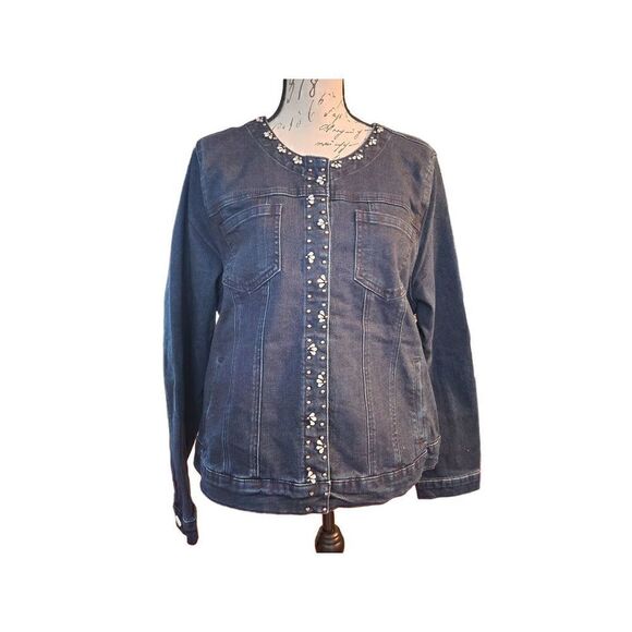 New Laura Dark Blue Denim Jacket with Rhinestone Embellishments - Picture 1 of 6
